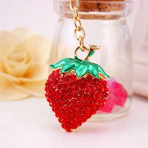 Sparkling crystal strawberry keychain with red rhinestones and golden metal chain