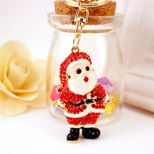 Santa Claus metal keychain with red rhinestones and gold ring for Christmas gift