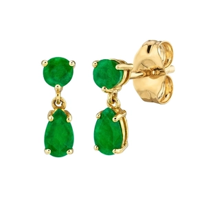 Detail of emerald green pear-cut earrings in gold plating with secure needle backings