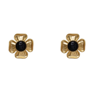 Vintage gold clover stud earrings with black enamel center inlay and silver needle posts
