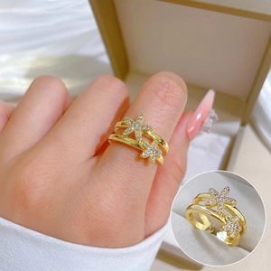 Starfish Open Ring Brass Real Gold Plated Micro Pave Cubic Zirconia Adjustable Fashion Jewelry For Women