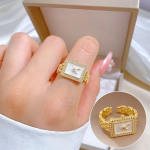Watch Shaped Ring Gold Plated Copper Zircon Mother Of Artificial Pearl Adjustable Open Finger Band Creative Jewelry For Women