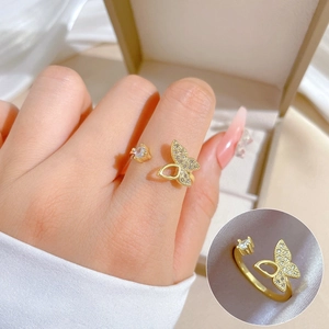 Hollow Butterfly Open Ring Brass Gold Plated Adjustable Zircon Inlaid Minimalist Sweet Finger Jewelry For Women