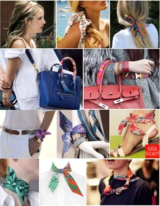 Versatile cartoon print narrow silk scarves shown as bag handle wraps and hair ribbons