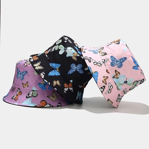 Three-piece colorful butterfly print bucket hats set in black, purple, and pink cotton