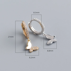 Detailed dimensions of S925 silver butterfly earrings with cubic zirconia stones