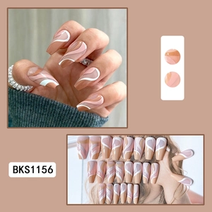 Close-up of BKS1156 long coffin press-on nails with nude brown white wavy lines and gems