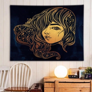 Tapisserie murale artistique montrant un profil de femme céleste avec lune et étoiles