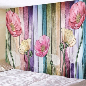 Tapestry featuring colorful wood texture and poppy flowers above a cozy white bed