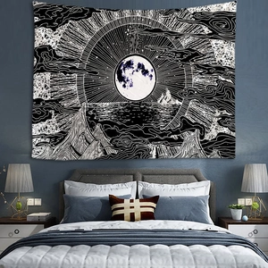 Minimalist black and white wall tapestry with mountain and moon landscape for bedroom decor