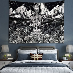 Macro detail of gothic skull tapestry featuring a crown and floral meditation scene