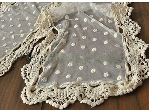 Macro detail of beige lace scarf showing intricate floral embroidery and crochet edges