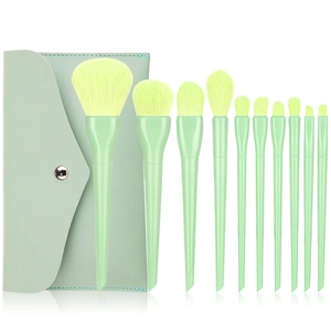 Detail of 10pcs mint green makeup brush set with yellow bristles and matching PU pouch