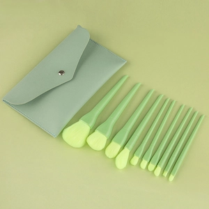 Detail of 10-piece candy color makeup brush set with green envelope pouch storage bag