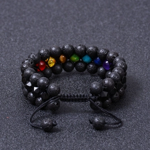 Three-layer braided lava stone seven chakra bracelet with faceted black agate beads