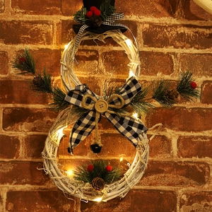 Christmas snowman rattan wreath with LED lights and festive plaid bow for door hanging decor
