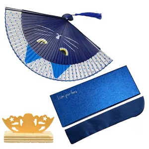Japanese style cat folding fan with blue gift box, silk sleeve and wooden display stand