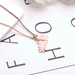 Rose gold 18K bunny and rectangle tag pendant necklace with stainless steel box chain