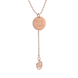 Detailed close-up of rose gold bead chain with Keep Smile and smiley face pendant
