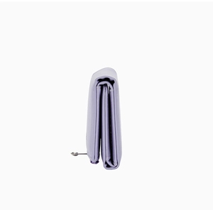Side view showing the layered structure and thickness of this lavender faux leather wallet