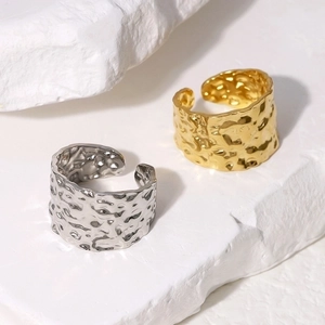 Hammered Stainless Steel Adjustable Open Ring For Women 18K Gold Plated Irregular Chunky Punk Minimalist Jewelry