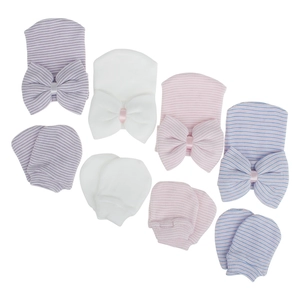 Conjunto de gorro y manoplas para recién nacido con lazos grandes en cuatro colores suaves