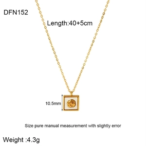 Macro view of 18k gold plated necklace with rose motif pendant and size measurements