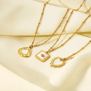 Gold plated stainless steel satellite necklaces with white shell heart and square pendants