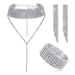 Silver bridal jewelry set with sparkling rhinestone choker necklace, fringe earrings and cuff