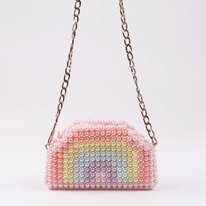 Handmade Rainbow Beaded Crossbody Bag Imitation Artificial Pearl Mini Purse With Metal Chain Strap Sweet Fashion Accessory