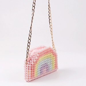 Chic rainbow pearl beaded mini bag with a gold metal chain strap for women