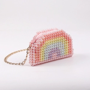 Mini pearl rainbow beaded crossbody bag with elegant golden metal chain strap