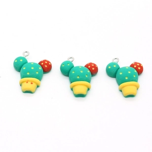 Cute green resin cactus pendants with yellow pots and red ears for DIY jewelry making