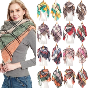 Women plaid tassel triangle scarf in various vibrant checkered patterns for winter