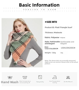 Detail view of large checkered triangle scarf with green and orange polyester yarn texture