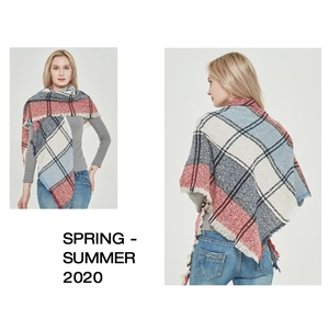 Detailed views of plaid woven scarf with fringes showing front and back wearing styles