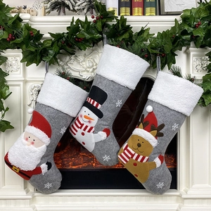 Grey Felt Christmas Stocking With Faux Fur Cuff Santa Snowman Reindeer Fireplace Hanging Decoration Gift Bag Holiday