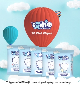 Close-up of 10-pack portable baby wipes featuring five diverse cartoon mascot designs