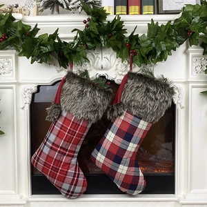 Christmas Stocking Plaid Gingham Classic Holiday Fireplace Hanging Decoration Faux Fur Cuff With Pom Poms