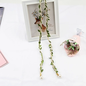 Handwoven leaf tassel waist rope with cream linen cord and elegant white pearl accents