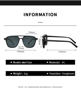 Detailed size guide for square frame double bridge sunglasses with PC frame measurements