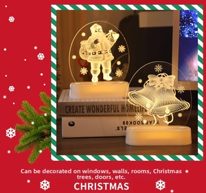 Detail of 3D acrylic LED Christmas night lights with Santa Claus and bell designs