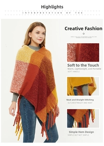Detail of color-block plaid shawl with soft brushed texture and long fringed hem accents