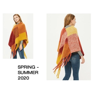Front and back view of a plaid knit poncho with long fringes in red and yellow