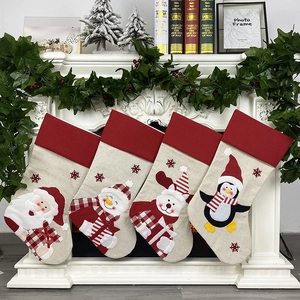 Set of 4 large Christmas stockings with 3D Santa, Snowman, Reindeer on rustic fireplace