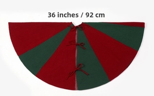 Detail of 36-inch Christmas tree skirt featuring red and green stripes with bow ties
