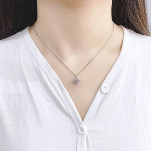 Close-up of a silver planet necklace with sparkling cubic zirconia on a female model