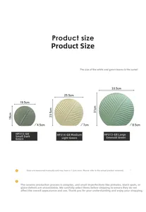 Size chart for leaf-shaped ceramic decorative trays in three varied dimensions and colors