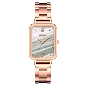 Elegant rose gold rectangular watch for women with mother of pearl dial and metal strap