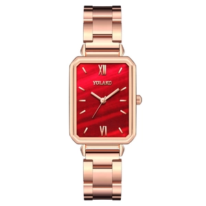 Women's quartz watch with rectangular red wave dial and rose gold steel strap